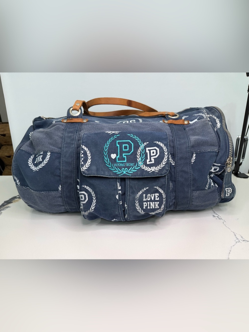Y2K Victoria's Secret PINK Collegiate Crest Navy Blue Canvas Duffle Bag